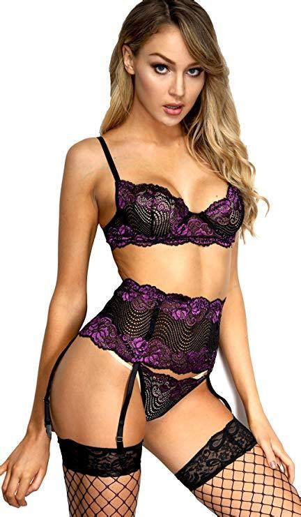 Buy Purple Lace Lingerie Set With Matching Garter Belt And Black