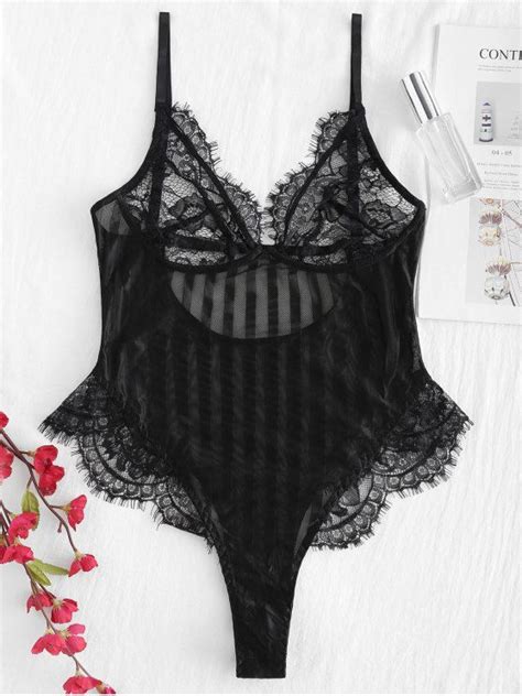 [56 off] [hot] 2019 sheer lace striped mesh lingerie teddy bodysuit in black zaful