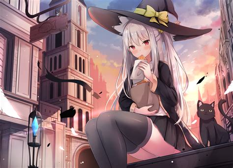 Touhourh Red Eyes Anime Anime Girls Artwork Silver Hair Witch Hat