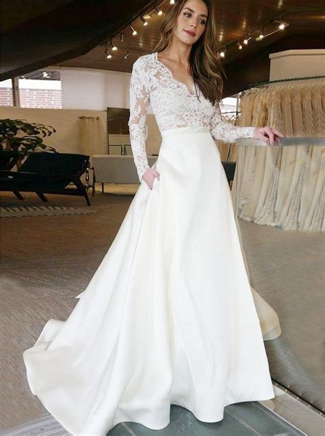 A Line V Neck Lace Long Sleeves Satin Wedding Dress With Pockets Wedding Dresses Lace Long