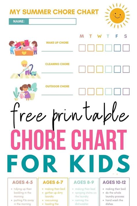Kids Summer Chore Chart For All Ages Free Printable