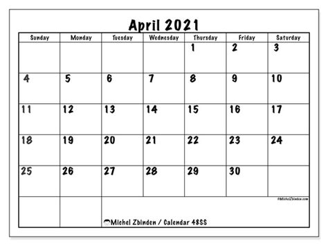 This april 2021 printable calendar is only available in pdf. Printable April 2021 "48SS" Calendar - Michel Zbinden EN