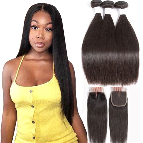 Straight Human Hair 3 Bundles With Closure Tuneful 100 Remy Hair Weft Weave Extensions