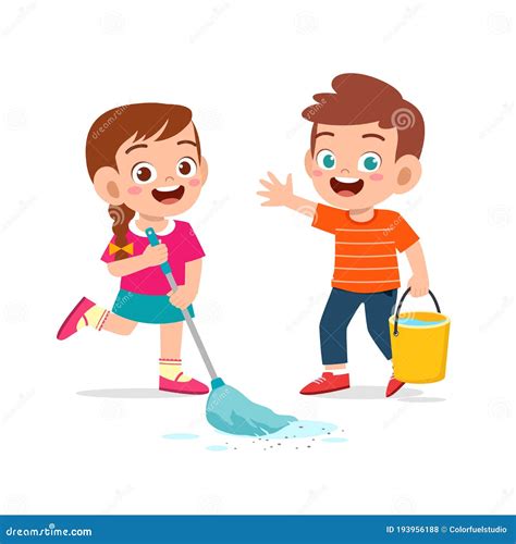 Boy Cleaning Floor With The Mop Smiling Cartoon Kid Character Helping