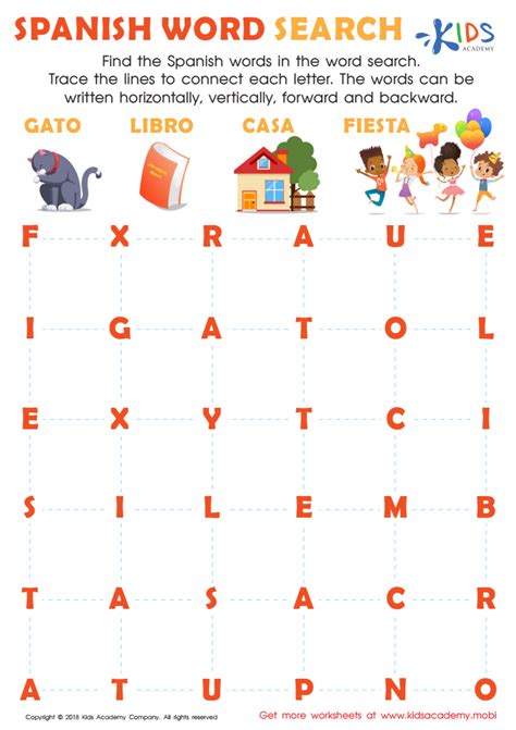 Spanish Word Search Worksheet For Kids