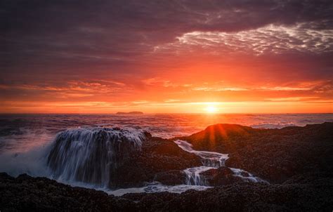 Wallpaper Sea The Sky Sunset Stones Shore Waterfall Images For