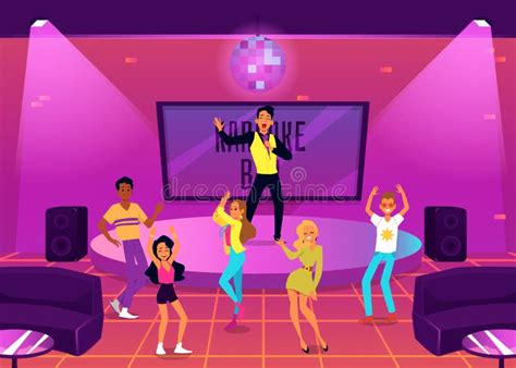 People Having Dance And Music Party In Karaoke Bar Flat Vector Illustration Stock Vector