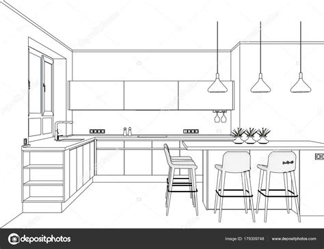 3d Vector Sketch Modern Kitchen Design In Home Interior Stock Vector