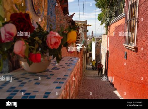 Narrow Street And Old Buildings In San Miguel De Allende Mexico Stock