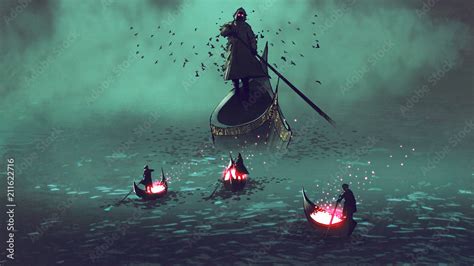 Dark Men With Glowing Souls On A Boat Meet The Grim Reaper Digital Art