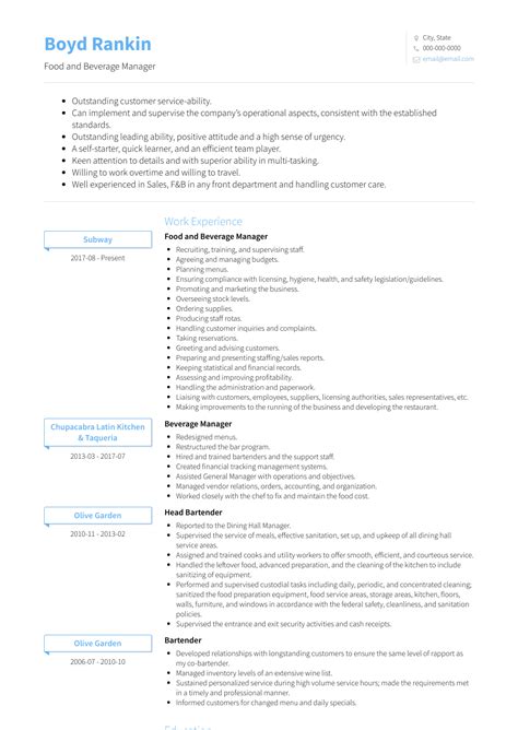 Fields related to food and beverage supervisor career: Food And Beverage Manager - Resume Samples and Templates | VisualCV