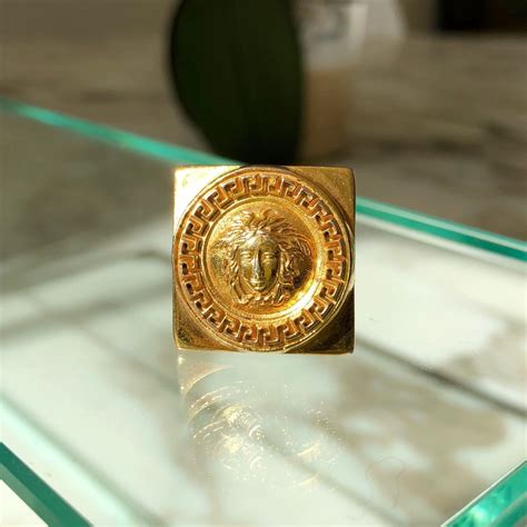 Gianni Versace Square Gold Tone Medusa Head Ring Gem