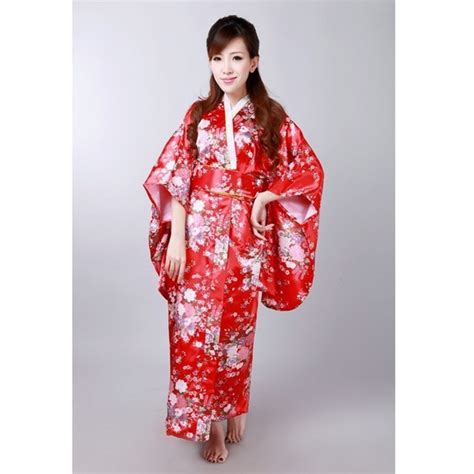 Japanese National Women Red Kimono Satin Yukata With Obi Traditional Evening Dress Novelty