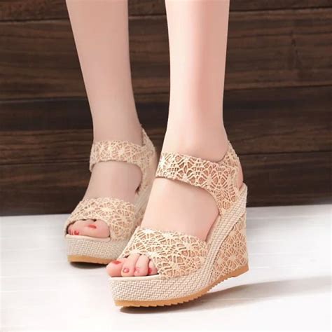 New 2016 Fashion Ladies Wedges Women Lace Sandals Sexy High Heeled Summer Shoes Platform Open