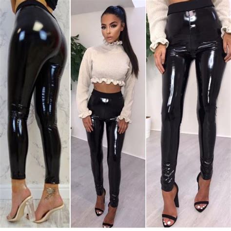 Fashion Women Black Shiny Pvc Wet Look High Waist Skinny Leggings Disco