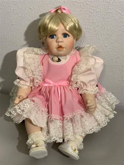 World Gallery Porcelain Doll Baby Love Life Size Blonde Blue Eyes Pink