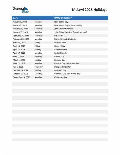 2028 Malawi List Of Holidays In Pdf Word And Excel