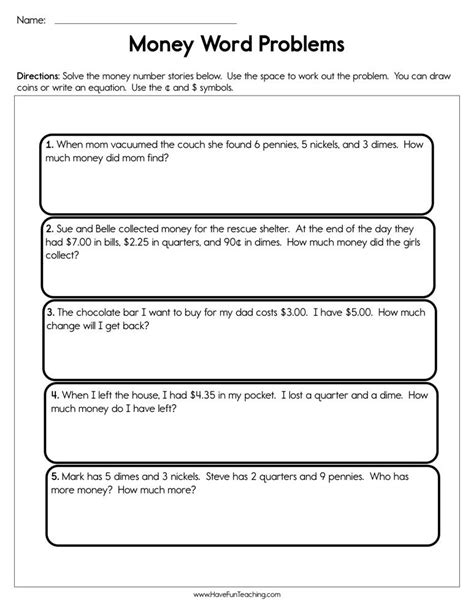 Word problems are emphasized for a deeper understanding of how math works, along with reinforcing basic math facts. Money Worksheets | Have Fun Teaching