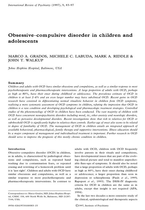 Pdf Obsessive Compulsive Disorder In Children And Adolescents