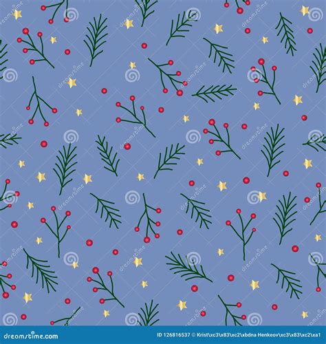 Seamless Christmas Pattern With Green Fir Twigs Red Berries Spruce