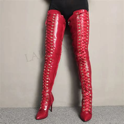 laigzem sexy women thigh high boots wide calf heeled crotch boots lace up stiletto heels over