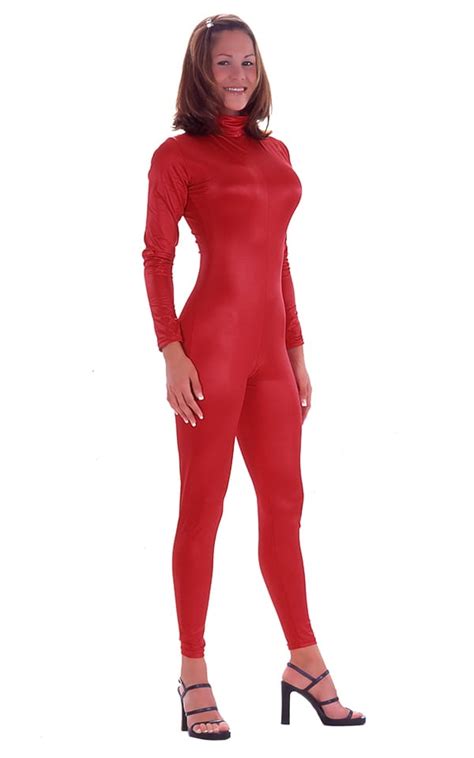 Back Zipper Catsuit Bodysuit In Wet Look Lipstick Red