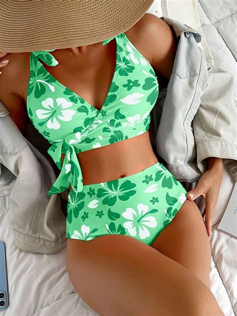 floral print bikini set knot shoulder surplice tank bra and high waisted bottom 2 piece bathing
