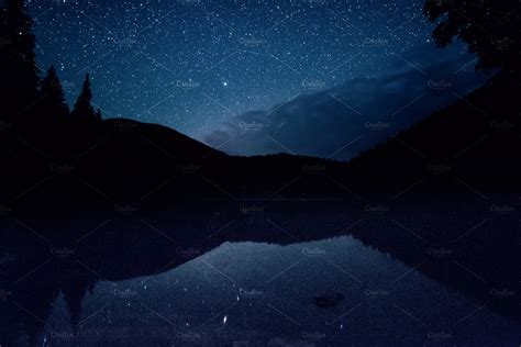 Mountain Lake At Night Featuring Sky Night And Lake High Quality