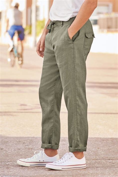 Mens Next Khaki Slim Fit Linen Trousers Green Linen Drawstring