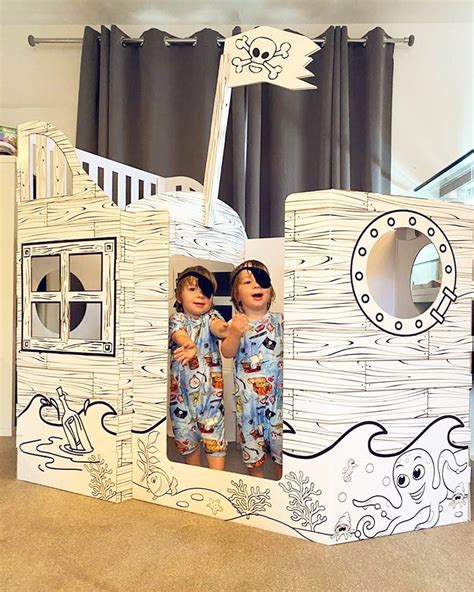 Color In Cardboard Diy Playhouse Pirate Ship Etsy