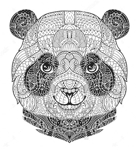 The Head Of A Panda Bear With Patterns On Its Face Drawn In Black And