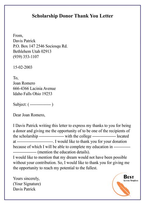 Thank You Letter Template For Scholarship Sample And Examples