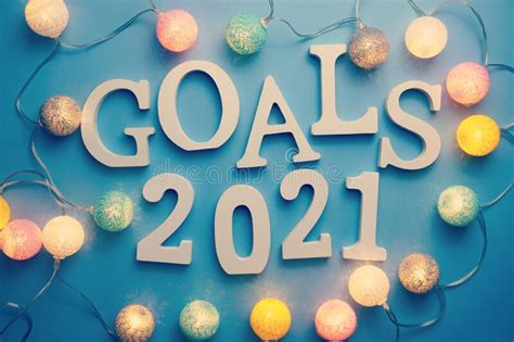 Goals 2021 Word Alphabet Letters On Blue And Pink Background Stock