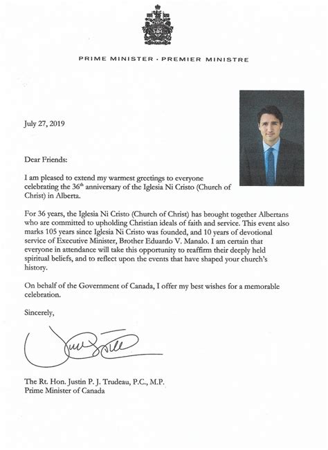 Congratulatory Message From The Rt Hon Justin P J Trudeau Prime Minister Of Canada On Inc