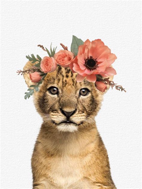 Lion Cub Animal Print With Flower Crown Nursery Wall Decor Digital