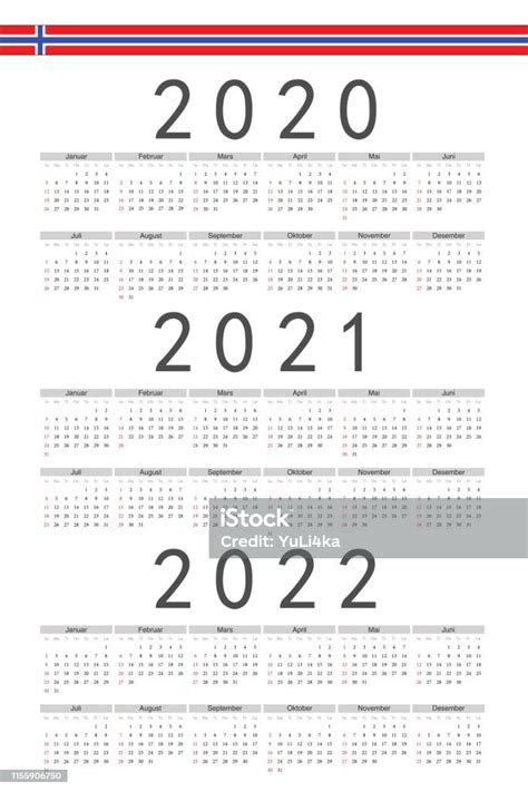 Set Of Rectangle Norwegian 2020 2021 2022 Year Vector Calendars Stock
