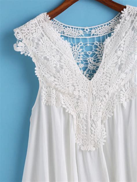 White V Neck Pleated Lace Tank Top Sheinsheinside