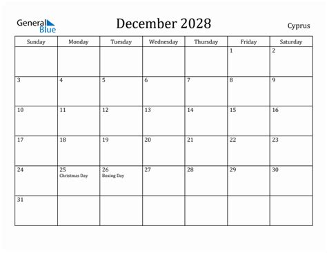 December 2028 Monthly Calendar With Cyprus Holidays