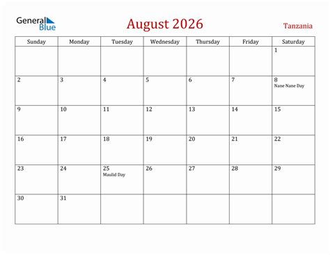 August 2026 Tanzania Monthly Calendar With Holidays
