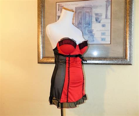 strapless red satin and black lace and sheer mesh lon… gem