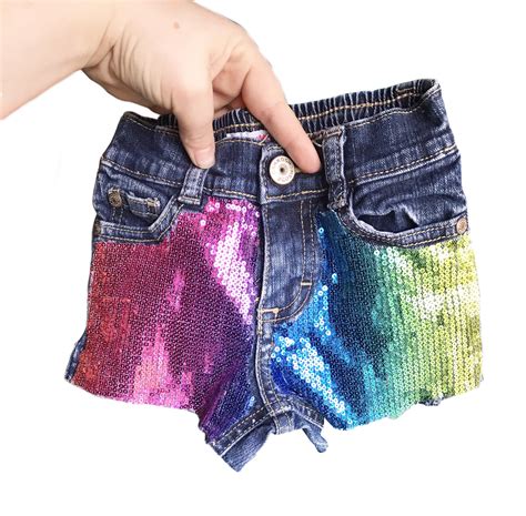 Rainbow Sequins Distressed Denim Shorts Distressed Denim Skinny