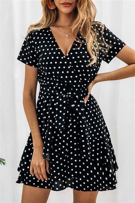 Printed Polka Dot V Neck Zipper Dress Summer Prints Fashion Fashion