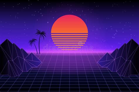 Retro Futuristic Landscape With Palm Trees Neon Sunset In The Style Of