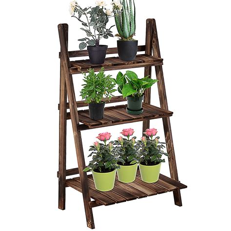 Outsunny Tier Rustic Wooden Plant Stand Folding Flower Rack For