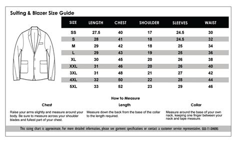 Blazer Size Chart