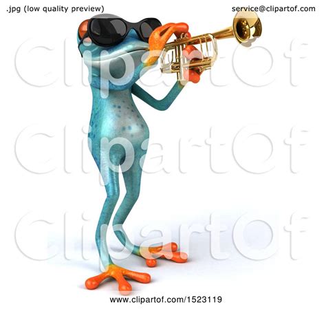 Clipart Of A 3d Blue Frog Playing A Trumpet On A White Background