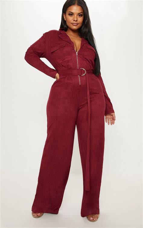 Plus Burgundy Faux Suede Zip Jumpsuit Prettylittlething Usa