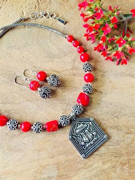 Ethnic Red Coral Beaded Handmade Gemstone Necklace Earring Set At