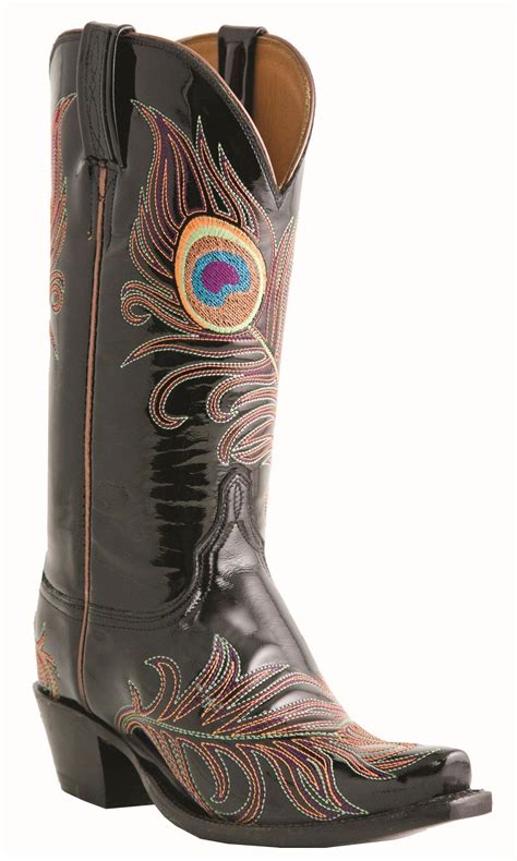 12 Ladies Lucchese Classics Black Patent Calf With Peacock Stitch