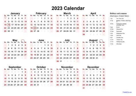 Printable Calendar 2023 One Page With Holidays Single Page 2023 Free